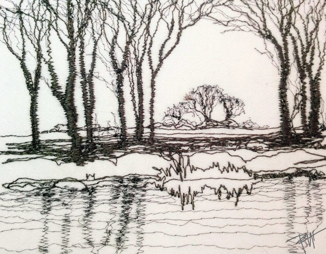 Black and white thread sketch of country scene done in machine stitches drawing as if the needle were a pencil