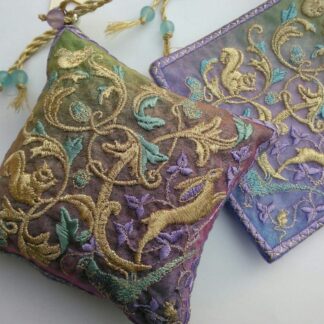 WOODLAND embroidered lavender bag with running hare, Lilac and mint colours
