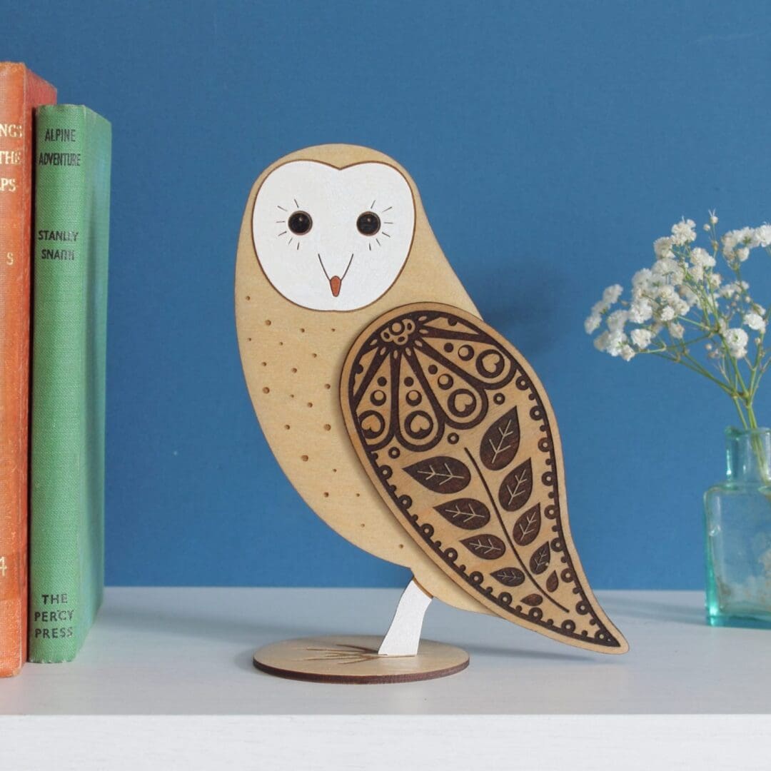 Standing Wooden Barn Owl Decoration Ornament - Etched and Hand Painted - Image 7