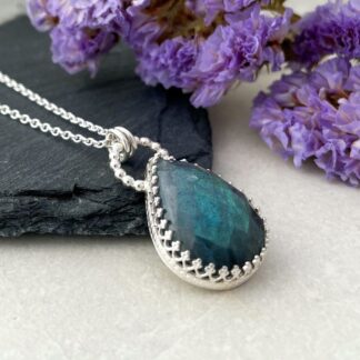 Green and Blue Labradorite Gemstone Necklace Silver Hallmarked Pendant