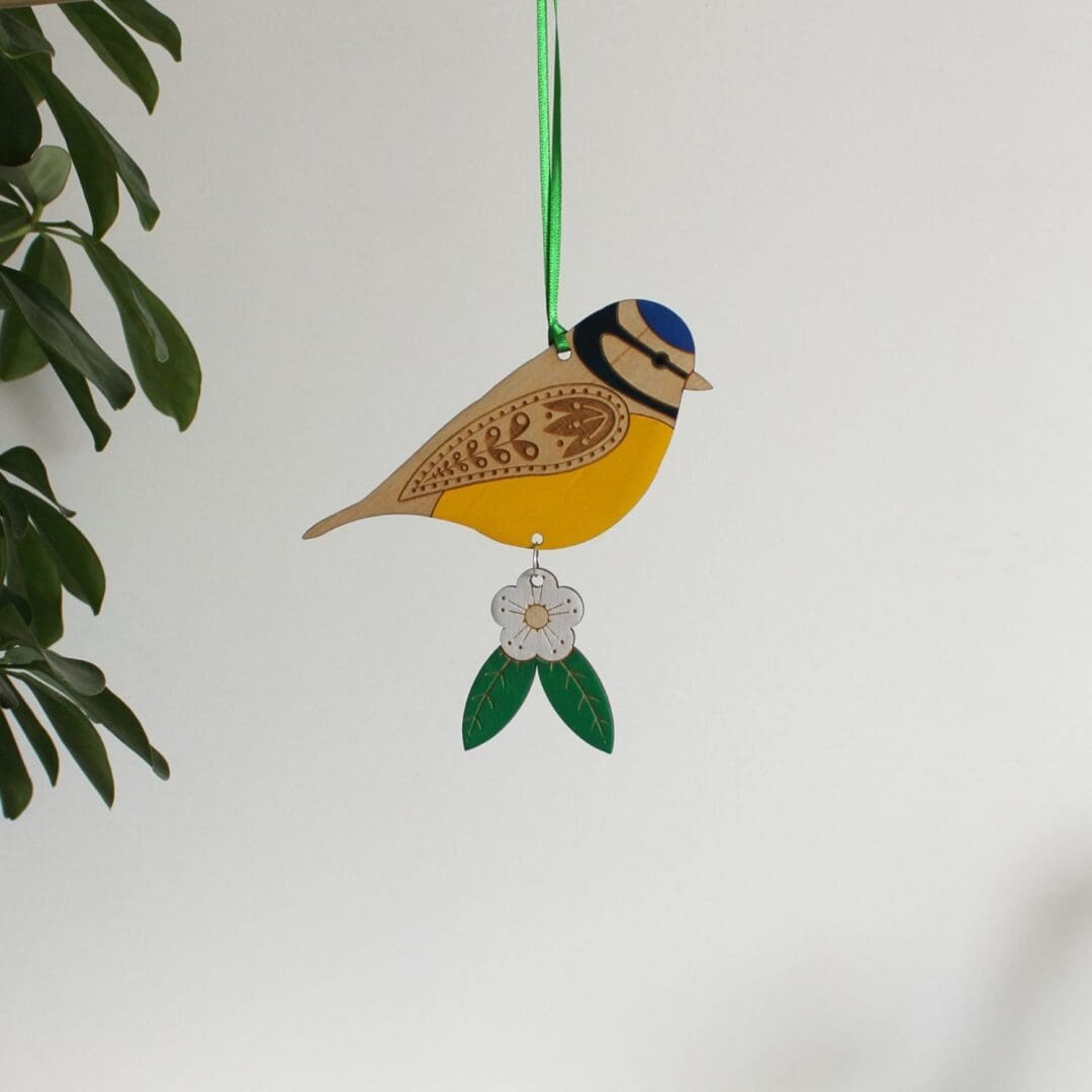 Wooden Blue Tit Hanging Decoration with Hawthorn Flower - Hand Painted - Image 6