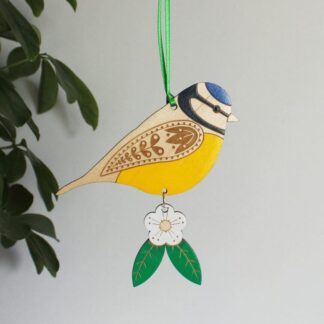 Wooden Blue Tit Hanging Decoration with Hawthorn Flower - Hand Painted