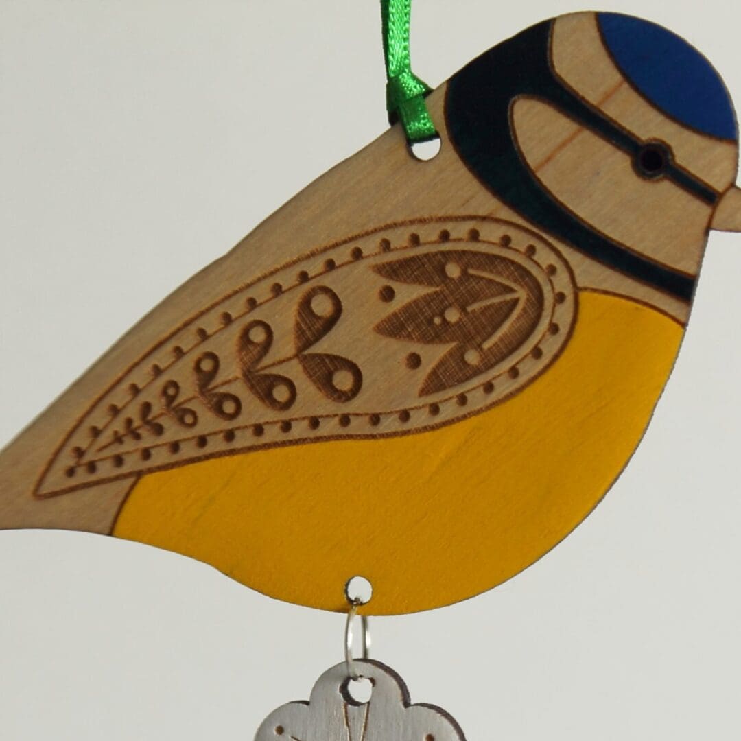 Wooden Blue Tit Hanging Decoration with Hawthorn Flower - Hand Painted - Image 4