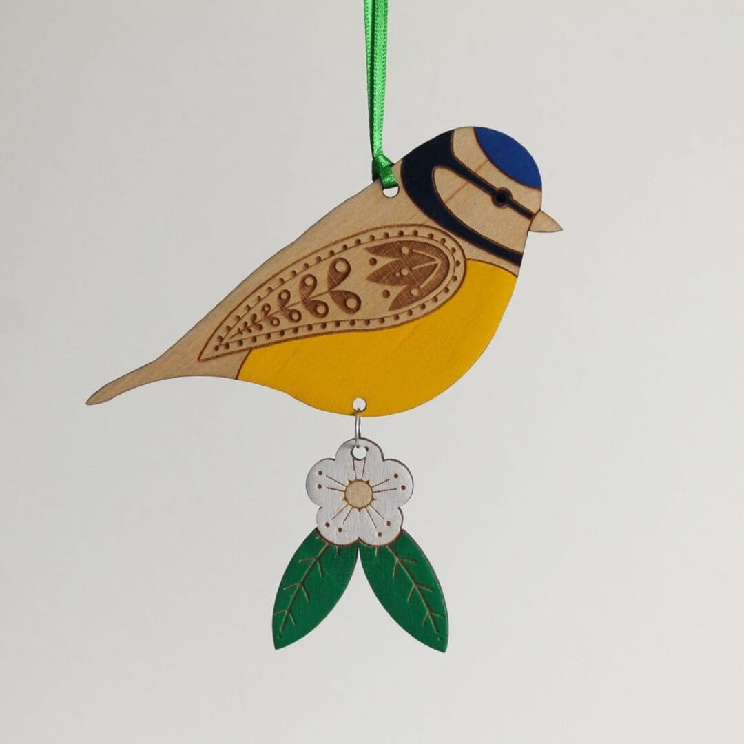Wooden Blue Tit Hanging Decoration with Hawthorn Flower - Hand Painted - Image 3