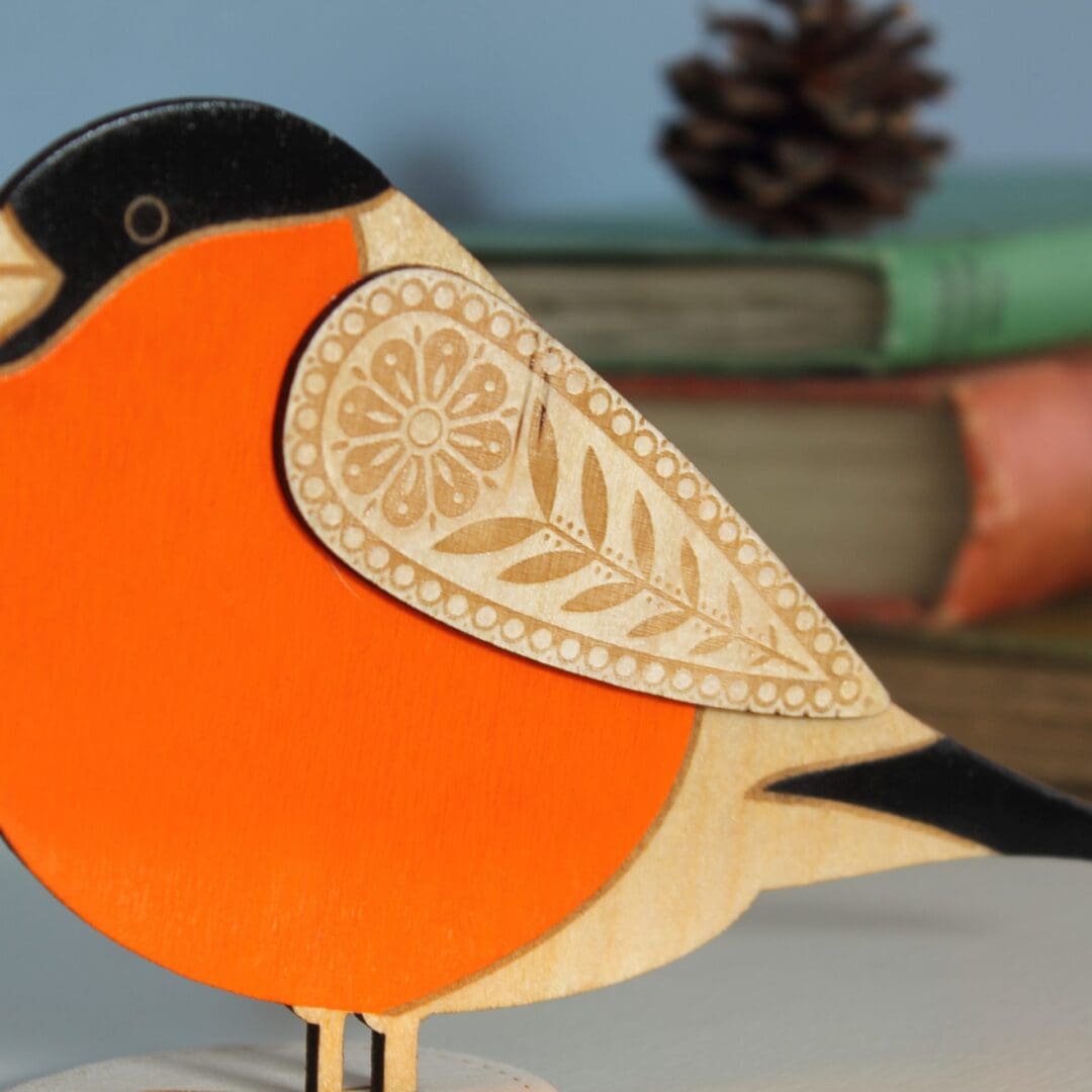 Standing Wooden Bull Finch Decoration - Etched and Hand Painted - Image 2