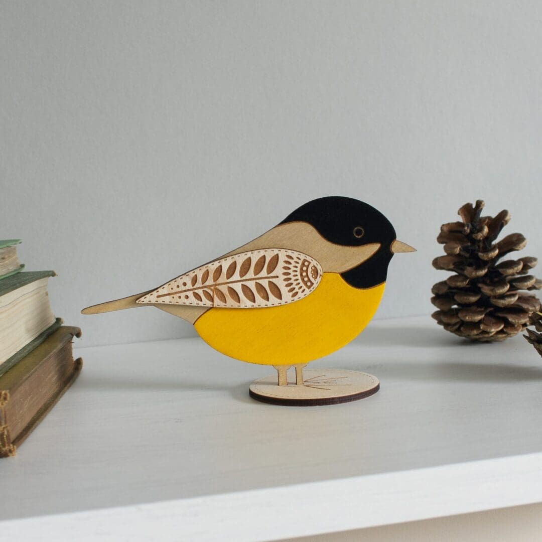 Standing Wooden Coal Tit Decoration - Etched and Hand Painted - Image 3