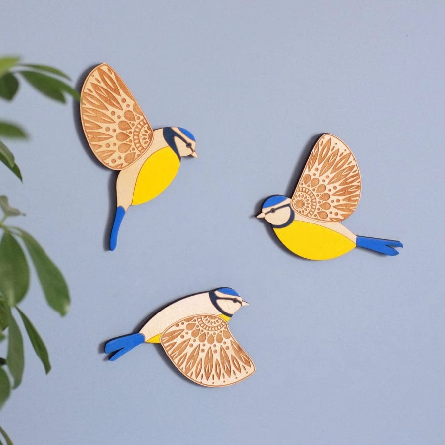 Folk Art Inspired Wooden Blue Tit Wall Hangings - Image 5
