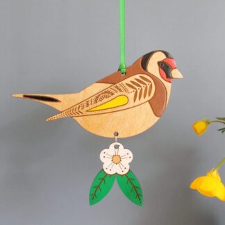 Wooden Goldfinch Bird Hanging Decoration with Hawthorn Flower - Hand Painted