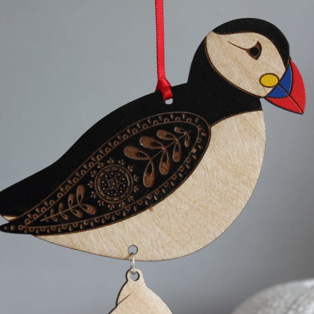 Wooden Puffin Hanging Decoration with Shell - Hand Painted - Image 6