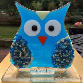 Oscar the Fused glass Owl, Blue Owl, Glass Owl, Turquoise Owl, Freestanding Owl