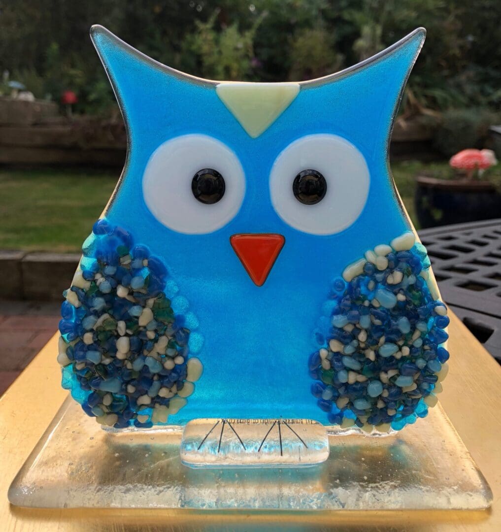 Oscar the Fused glass Owl, Blue Owl, Glass Owl, Turquoise Owl, Freestanding Owl