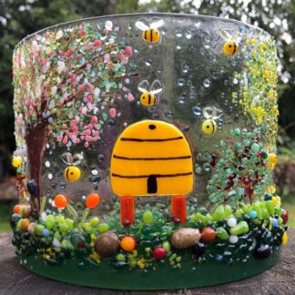 Handmade Fused Glass Bee hive/Cherry Blossom Tree/Spring Flowers/Honey beehive/gifts for mum/Bees, flowers & blossom/candle shield/Ginger Cat