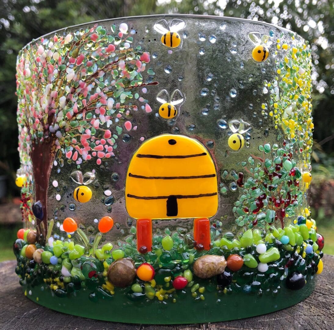 Handmade Fused Glass Bee hive/Cherry Blossom Tree/Spring Flowers/Honey beehive/gifts for mum/Bees, flowers & blossom/candle shield/Ginger Cat
