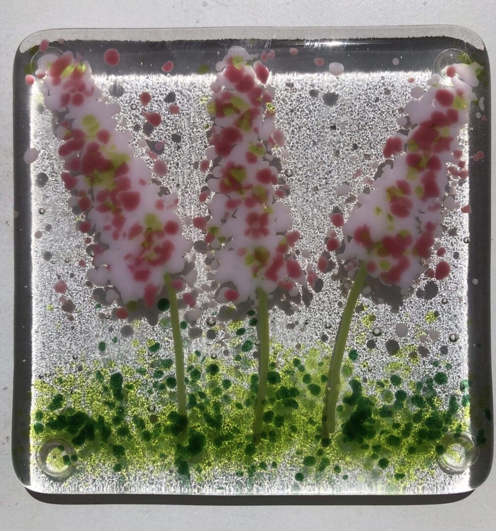 Fused Glass drinks Coasters/foxgloves/hollyhocks/Pink Flowers/Tall pink flowers/Meadow flowers/Wild flowers/Ginger Cat Glass coasters/Mum