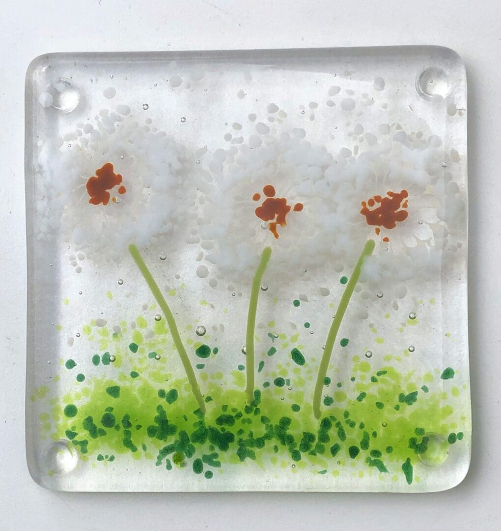 handmade fused glass Dandelion clock Coasters/ Wildflower Coasters/Make a Wish Coasters/White Flower coasters/Fairy coasters