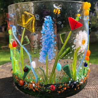 Floral Fantasy Fused glass candle curve/Flowers and bees/Glass Floral Ornament/Mum/Birthday Gift/Housewarming/Gardeners gift