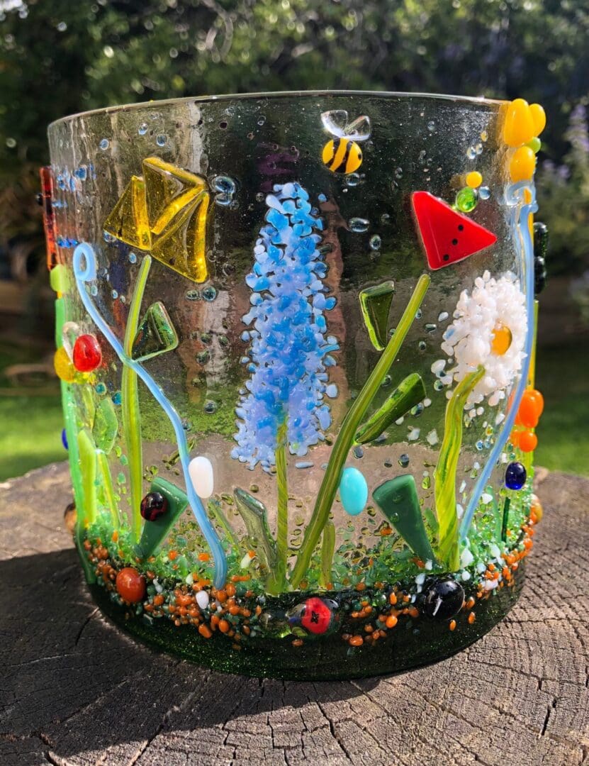 Floral Fantasy Fused glass candle curve/Flowers and bees/Glass Floral Ornament/Mum/Birthday Gift/Housewarming/Gardeners gift