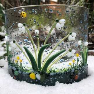 Snowdrop fused glass curve/snowdrop candle shield/Spring flowers in the snow/White snowdrops and Buzzy bee fused glass arc