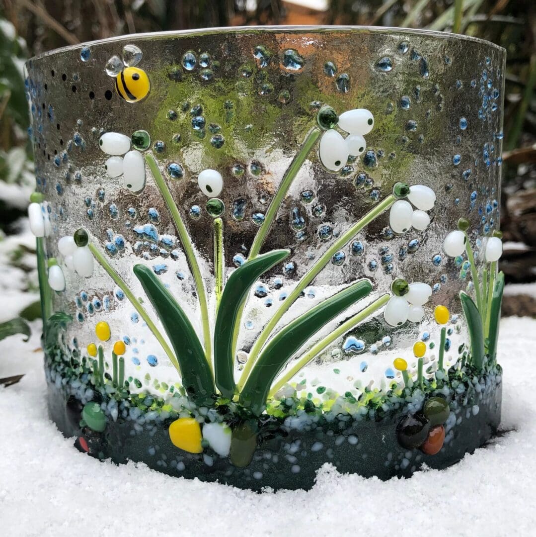 Snowdrop fused glass curve/snowdrop candle shield/Spring flowers in the snow/White snowdrops and Buzzy bee fused glass arc