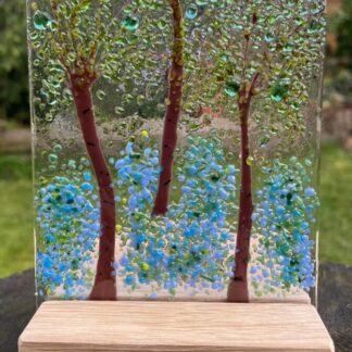 Bluebell wood tea light-Fused Glass tea light holder-Bluebells candle shield-Woodland scene in fused glass-Wooden based fused glass tea (Copy)