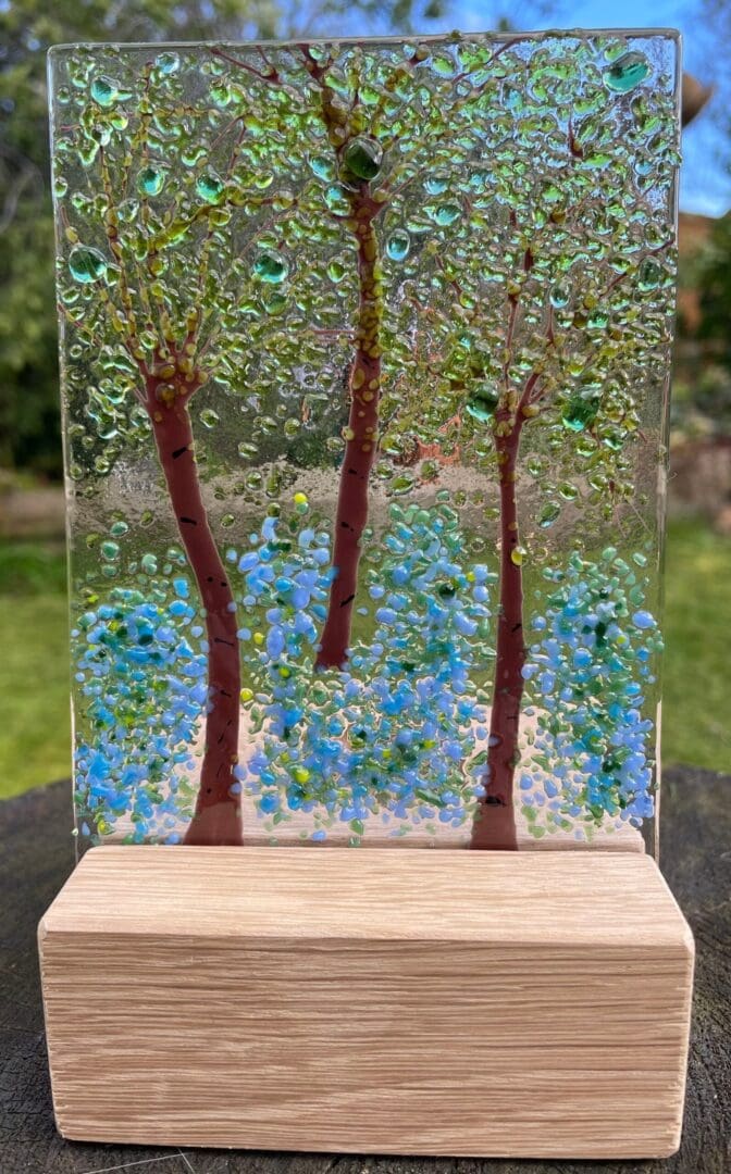 Bluebell wood tea light-Fused Glass tea light holder-Bluebells candle shield-Woodland scene in fused glass-Wooden based fused glass tea (Copy)