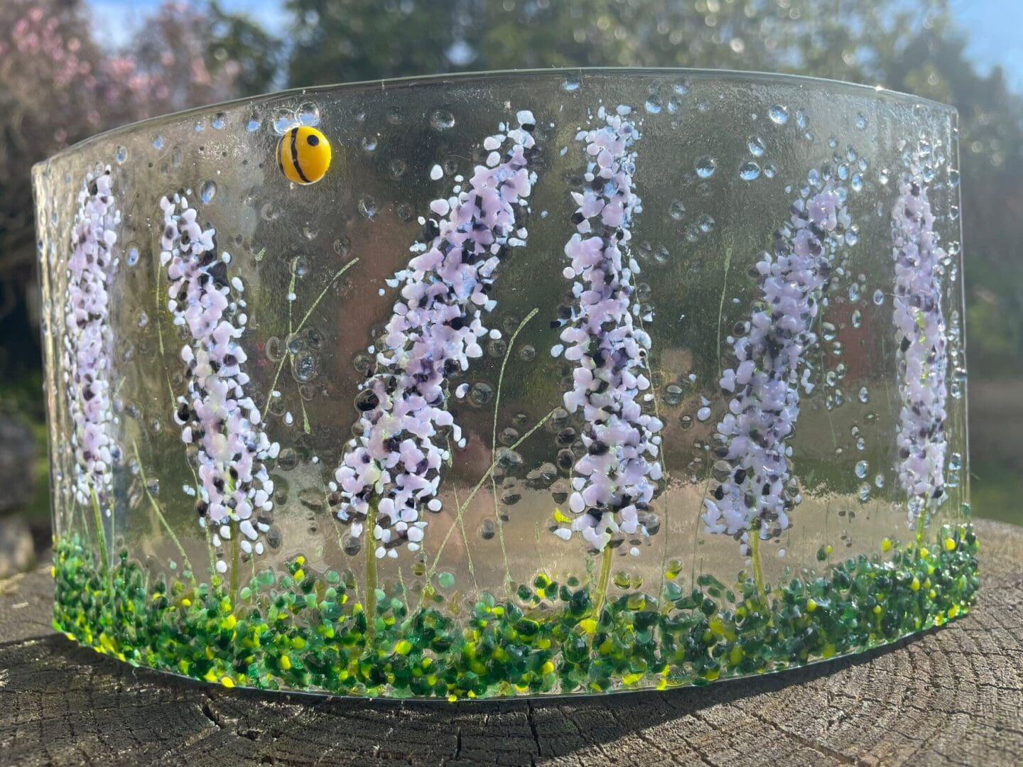 Lavender fused glass curve or wave-lavender meadow candle shield-lavender & purple flowers-unique gift