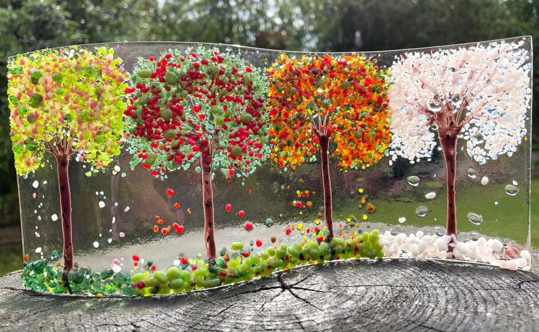 Handmade Four Seasons Tree Wave fused glass-Spring summer autumn winter-Trees in a year-Glass trees-Cherry Blossom to snow fused glass trees-