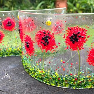 Handmade natural poppy wave or curve fused glass-poppy meadows-red bright poppy-remembrance-poppy flowers-special gift-birthday-anniversaries-poppy