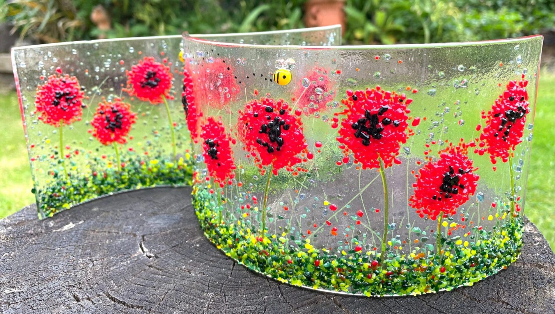 Handmade natural poppy wave or curve fused glass-poppy meadows-red bright poppy-remembrance-poppy flowers-special gift-birthday-anniversaries-poppy