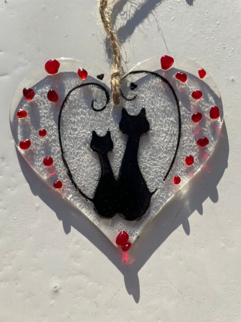 Cats Heart Hanger/Fused Glass Cats/Black Cats/Hearts/ Wedding Gift/Valentines Gift/Mother’s Day Gift/Cat lovers Gift/Memorial Gift/Paw print