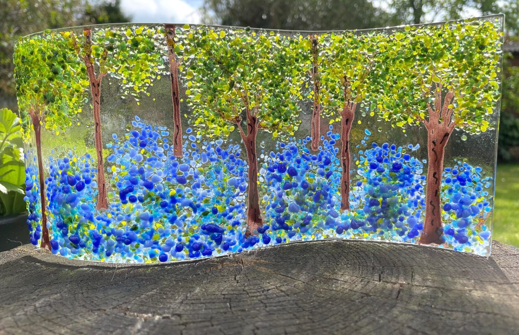 Bluebell woods fused glass wave, handmade with beautiful blue and green glass.
