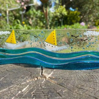 Handmade Yachts fused glass wave/Boats at sea/Coastal glass wave/Sailing boats/gifts for Him/gifts for Sailors/Father’s Day gift
