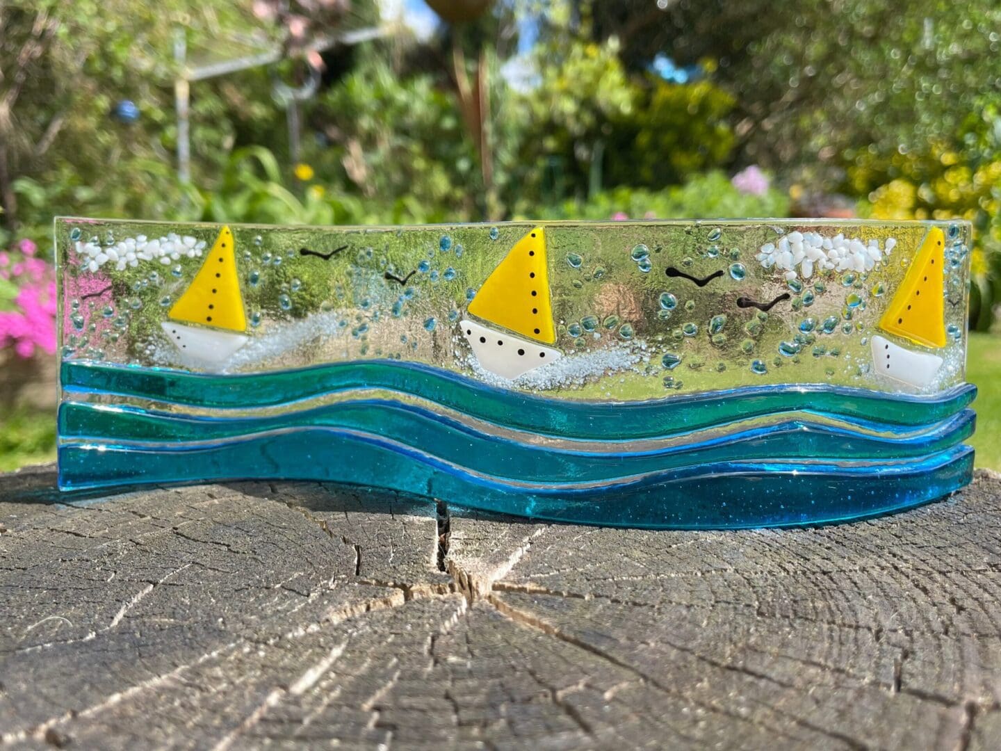 Handmade Yachts fused glass wave/Boats at sea/Coastal glass wave/Sailing boats/gifts for Him/gifts for Sailors/Father’s Day gift