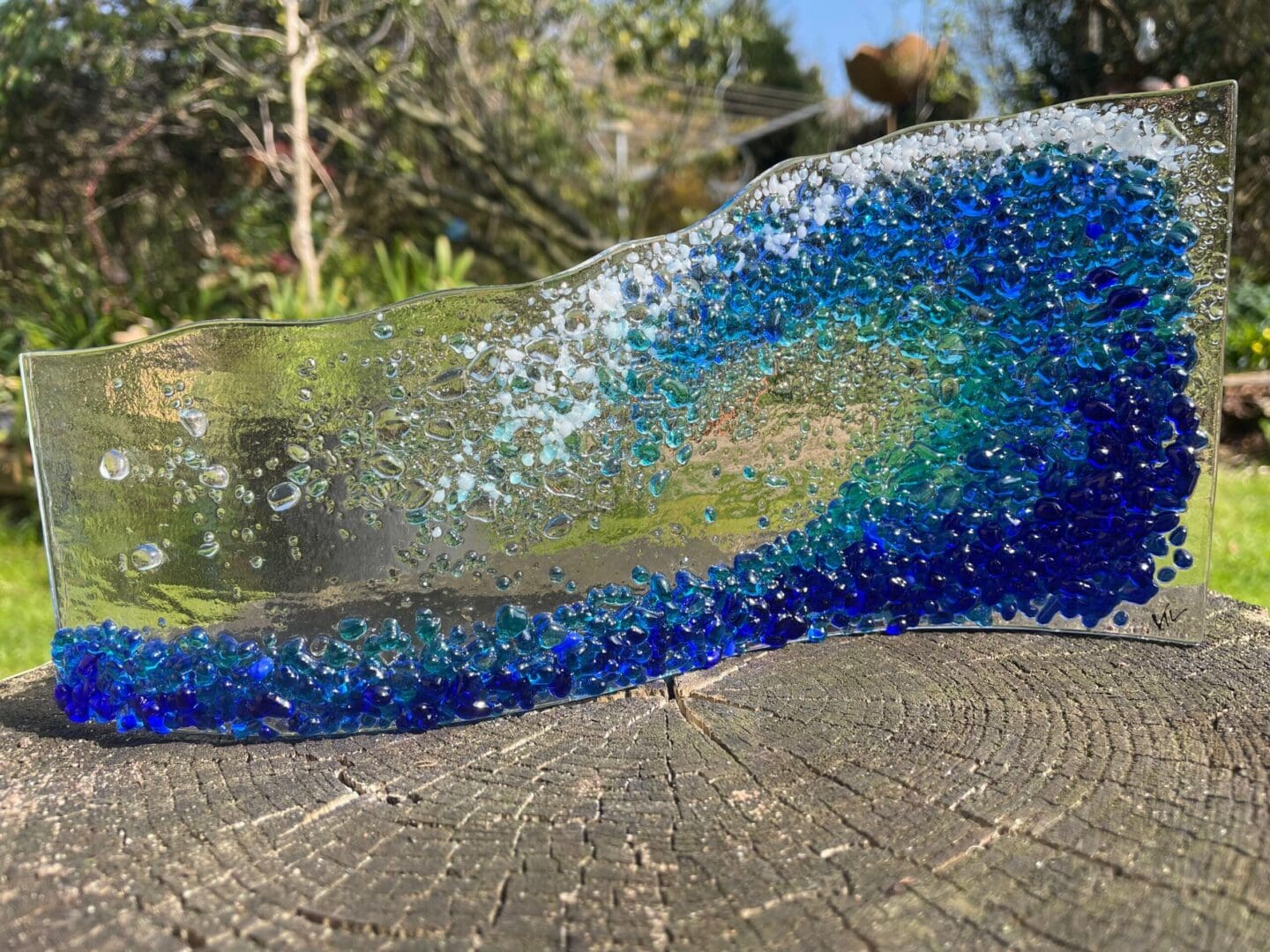 Handmade fused glass blue sea wave/ blue and white rolling sea wave/house warming gift/birthday gift/mother’s day gift/fused glass