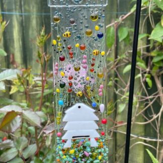 Beehive hanger/traditional beehives/Buzzy bees/Fused glass bees/Meadow flowers and bees/Gifts for mum/Gifts for bee keepers/floral hanging