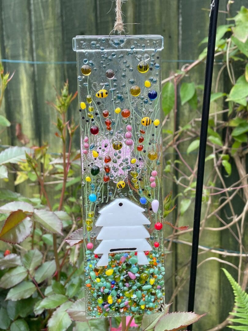Beehive hanger/traditional beehives/Buzzy bees/Fused glass bees/Meadow flowers and bees/Gifts for mum/Gifts for bee keepers/floral hanging