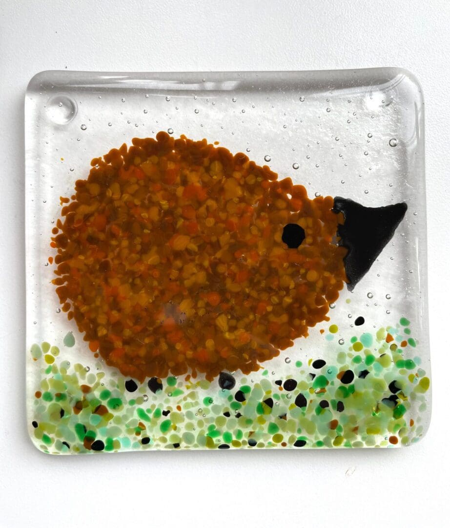 Handmade fused glass Hedgehog coasters, great tableware items. Lovley decorative drinks coasters.