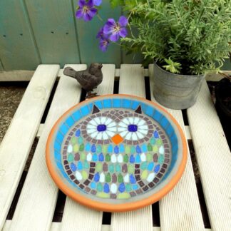 Turquoise Owl Mosaic Bird Bath Wildlife Garden Ornament