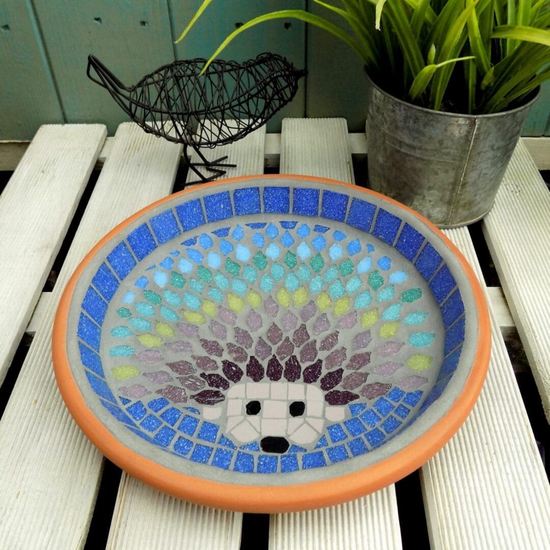 Rainbow Hedgehog Mosaic Bird Bath Wildlife Garden Ornament - Image 2