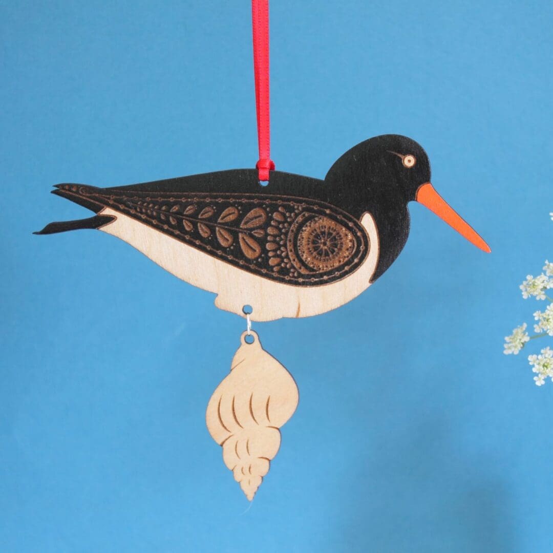 Wooden Oyster Catcher Hanging Decoration with Shell - Hand Painted - Image 3