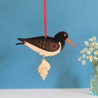 Wooden Oyster Catcher Hanging Decoration with Shell - Hand Painted