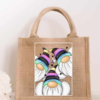 Natural jute tote bag featuring an illustration of three gonks wearing vibrant rainbow-striped hats with a small bee in the center.