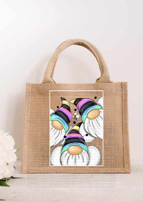 Natural jute tote bag featuring an illustration of three gonks wearing vibrant rainbow-striped hats with a small bee in the center.