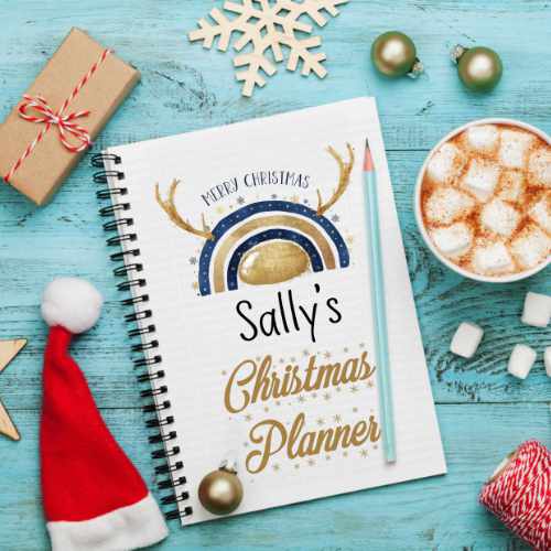 Personalised Christmas Planner | Gold & Navy Reindeer Rainbow Journal | Custom A5 or A4 Holiday Organiser | Eco-Friendly Festive Notebook - Image 5