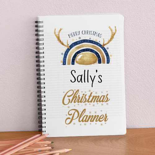 Personalised Christmas Planner | Gold & Navy Reindeer Rainbow Journal | Custom A5 or A4 Holiday Organiser | Eco-Friendly Festive Notebook - Image 3
