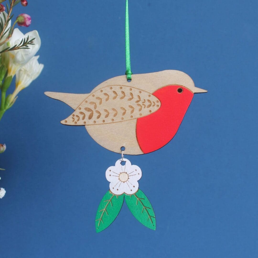 Hand Painted Robin Wooden Hanging Decoration with Hawthorn Flower or Holly - Image 9