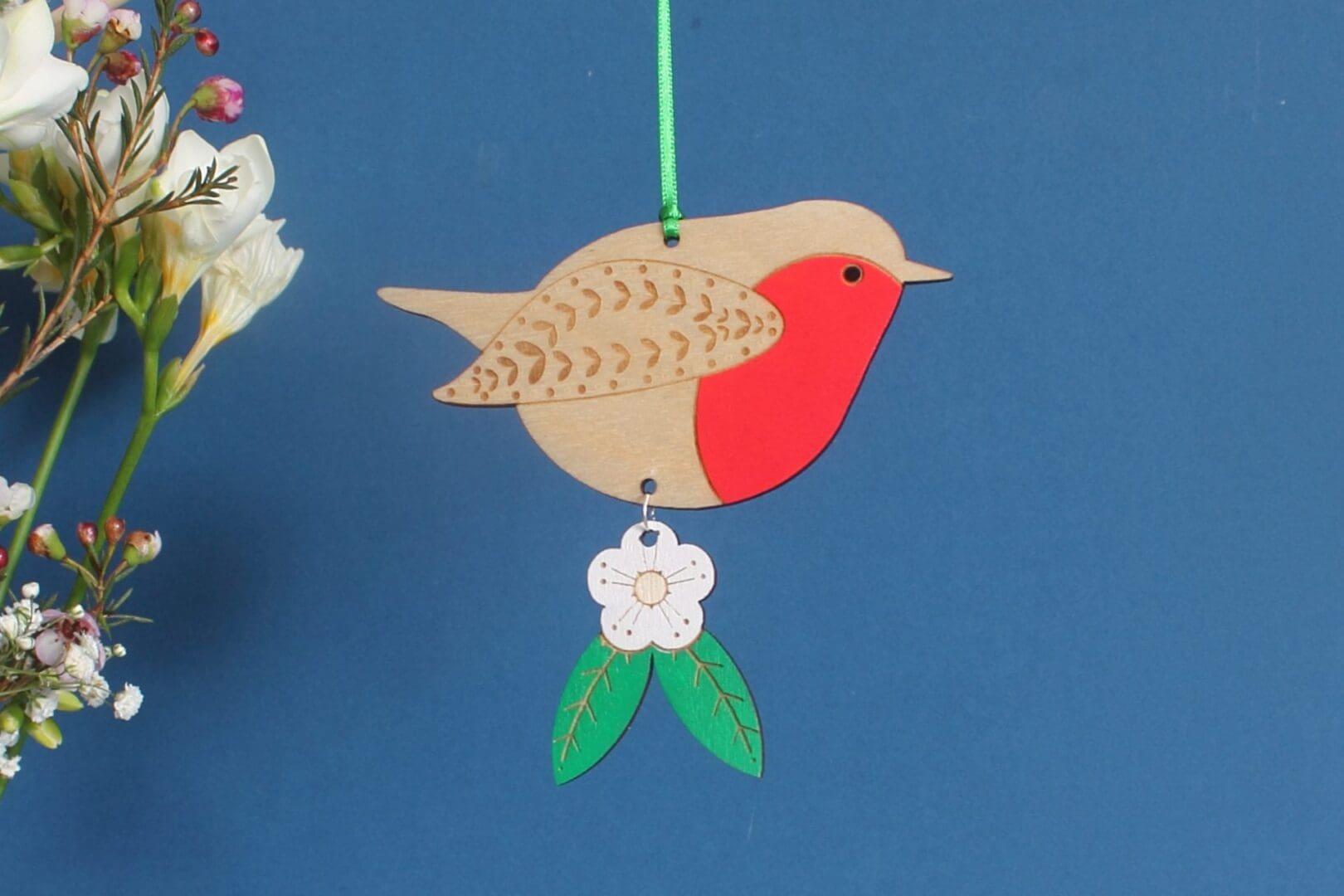 Hand Painted Robin Wooden Hanging Decoration with Hawthorn Flower or Holly - Image 5