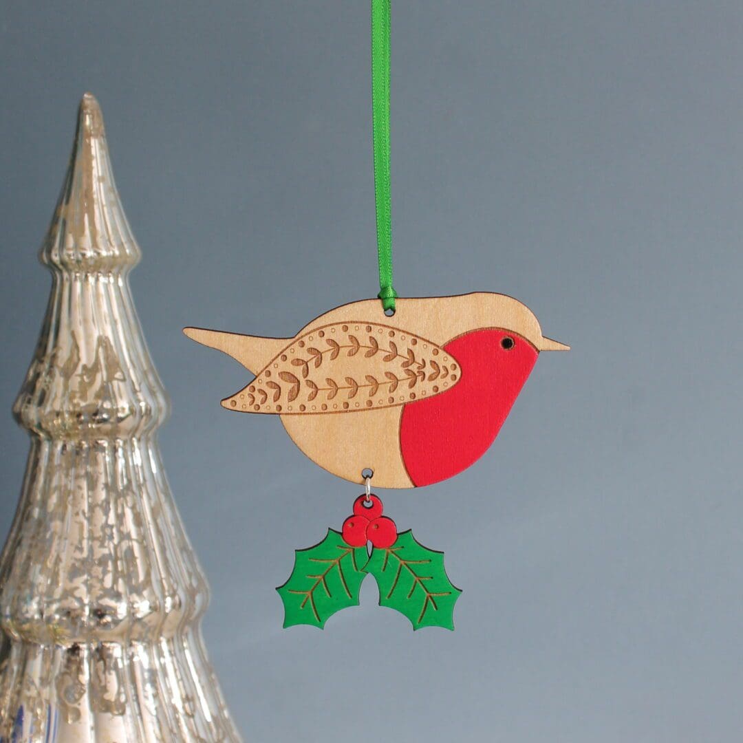 Hand Painted Robin Wooden Hanging Decoration with Hawthorn Flower or Holly - Image 4