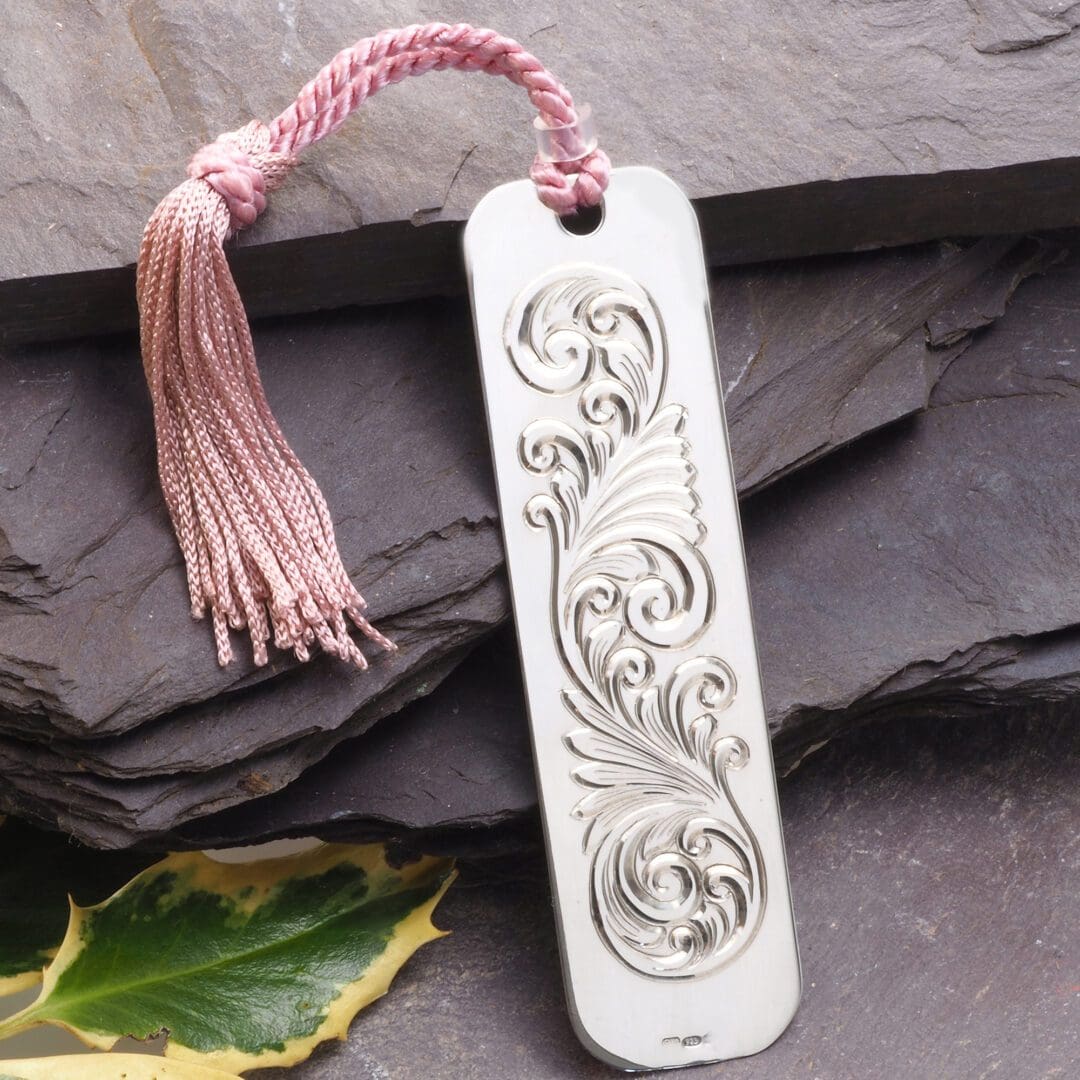Handmade Sterling Silver Bookmark Hand Engraved Scroll Design - Image 2