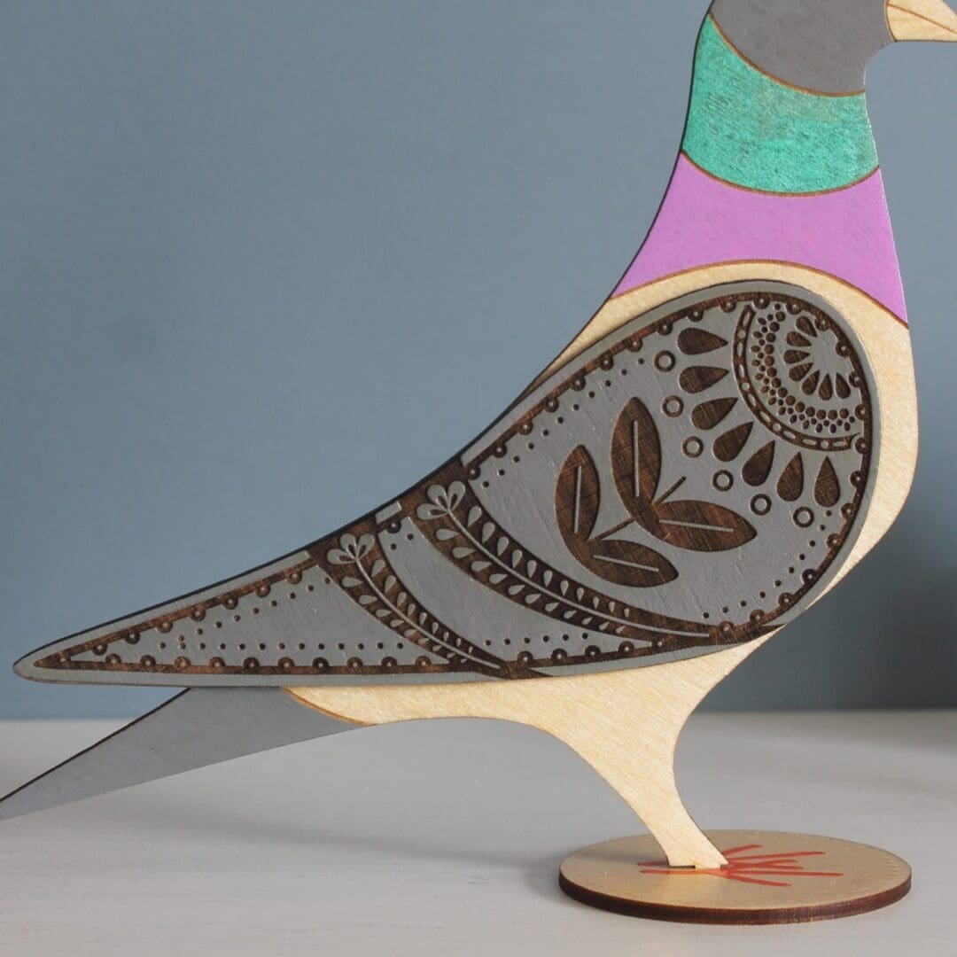 Standing Wooden Pigeon Decoration Ornament - Etched and Hand Painted - Image 5